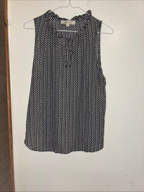 LOFT Black & White Chevron Sleeveless Tie-Neck Top